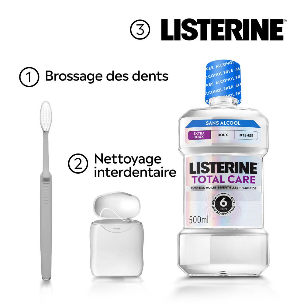 Bain de bouche Listerine Total Care Extra Doux : partie de 3 étapes pour l'hygiène buccale.