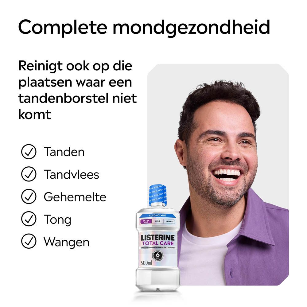 Listerine Total Care Extra Mild mondspoeling: onderdeel van 3 stappen voor mondhygiëne.