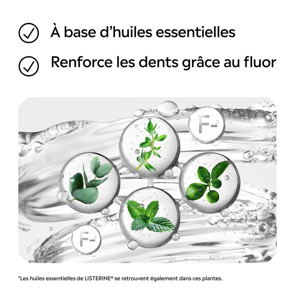 Bain de bouche Listerine Total Care Extra Doux : formule à base d'huiles essentielles et de fluor.