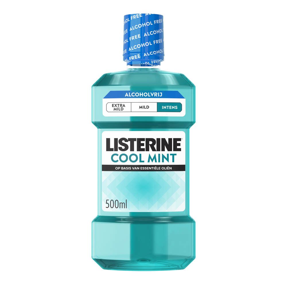Listerine Cool Mint mondwater, 500ml, alcoholvrij, met extra milde en intense smaak.
