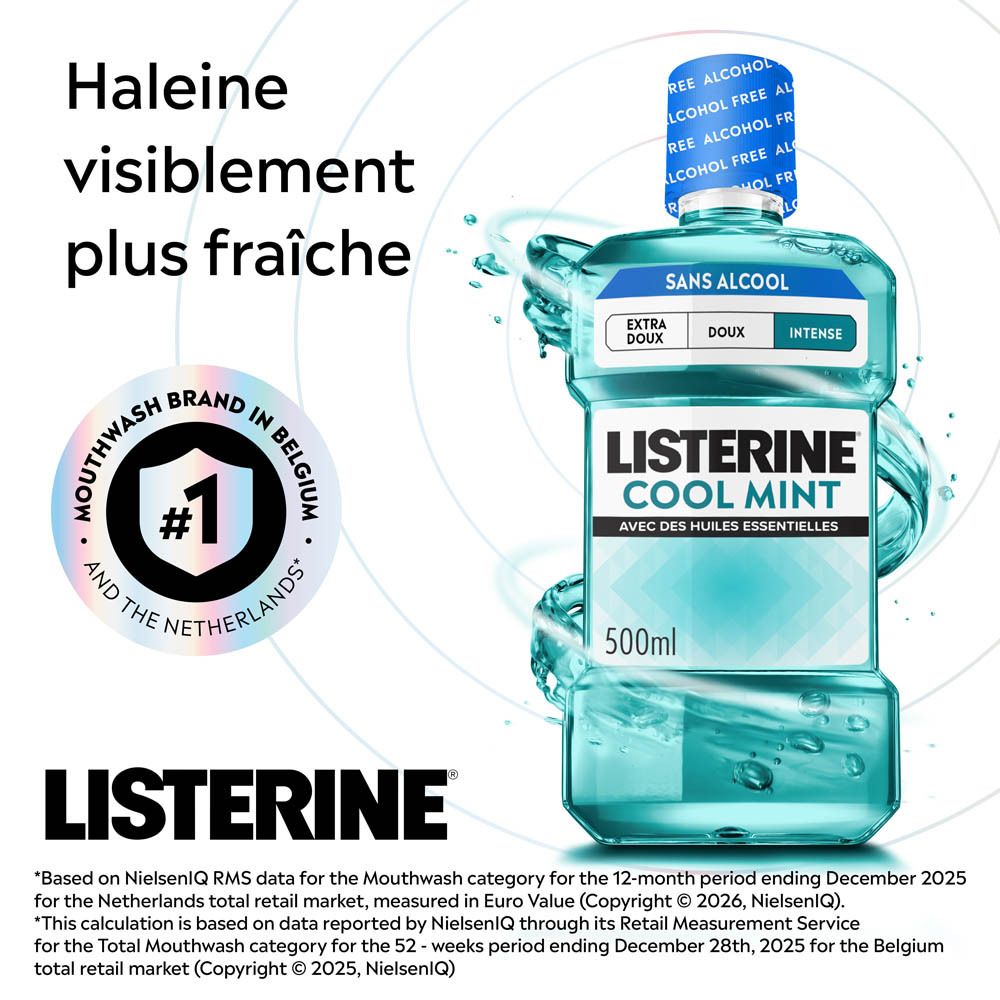 Bain de bouche Listerine Cool Mint, 500ml, sans alcool.