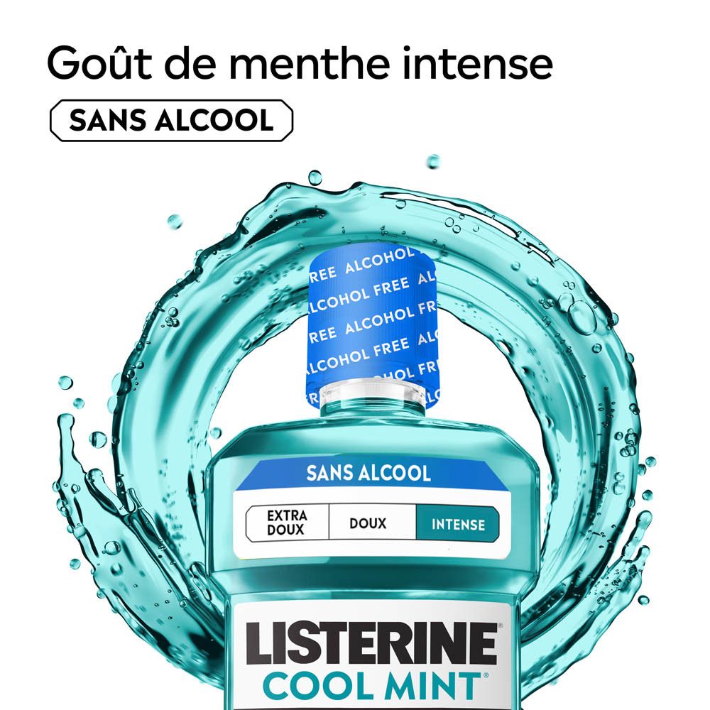 Bain de bouche Listerine Cool Mint, sans alcool, au goût menthe intense.