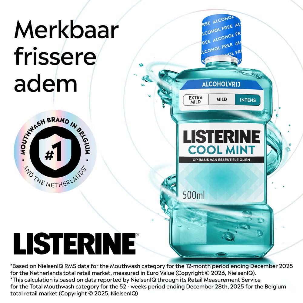 Listerine Cool Mint mondwater, 500ml, alcoholvrij.