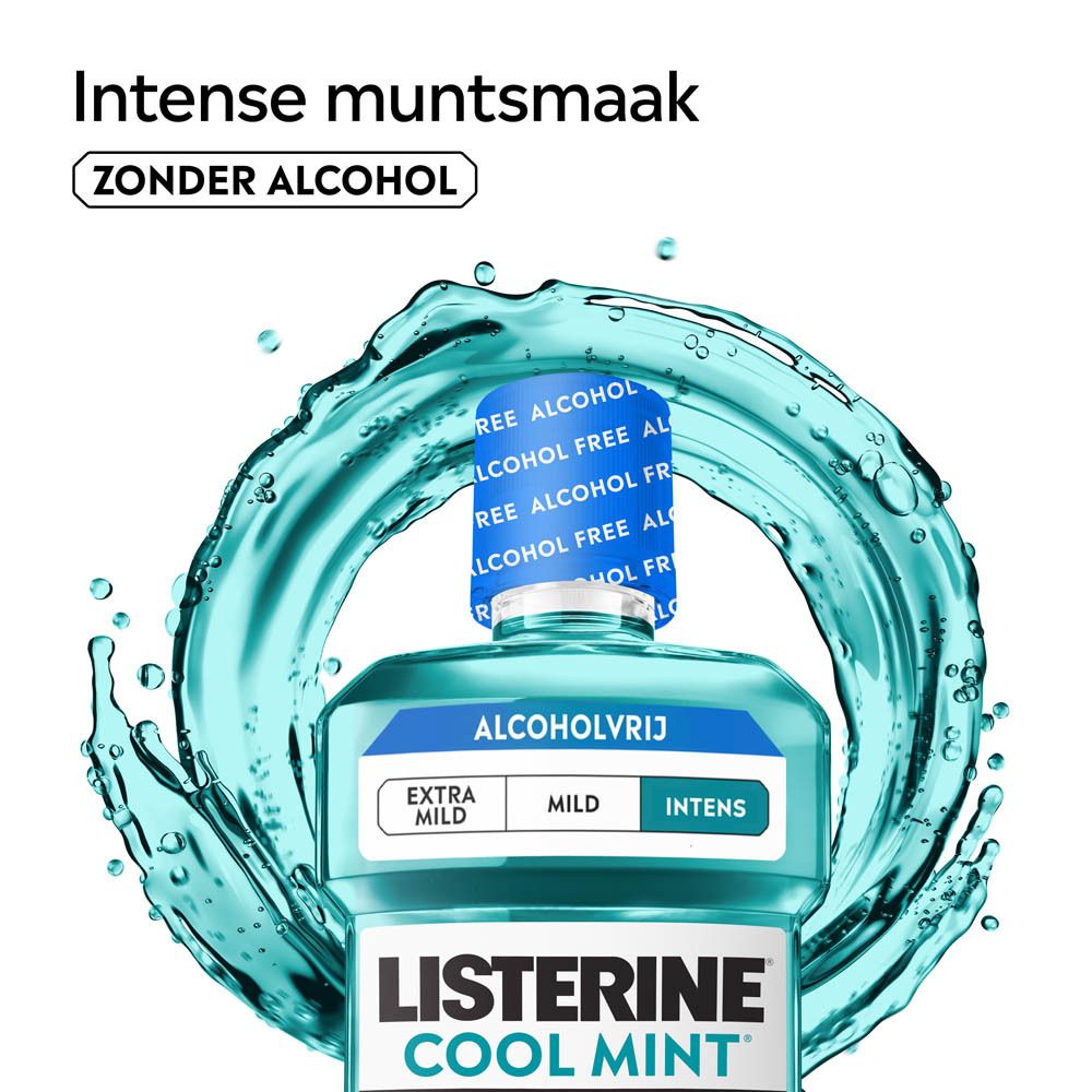 Listerine Cool Mint mondwaterfles, alcoholvrij, intense muntsmaak.