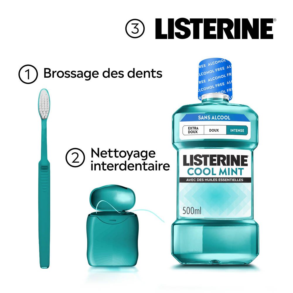 Brosse à dents turquoise, distributeur de fil dentaire et une bouteille de bain de bouche Listerine Cool Mint.