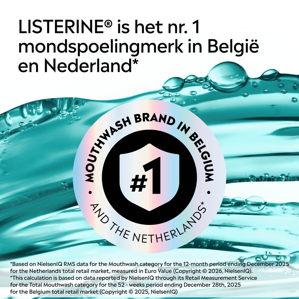 Listerine is het nr. 1 mondspoelmermerk in België en Nederland, met een zegel dat dit bevestigt.