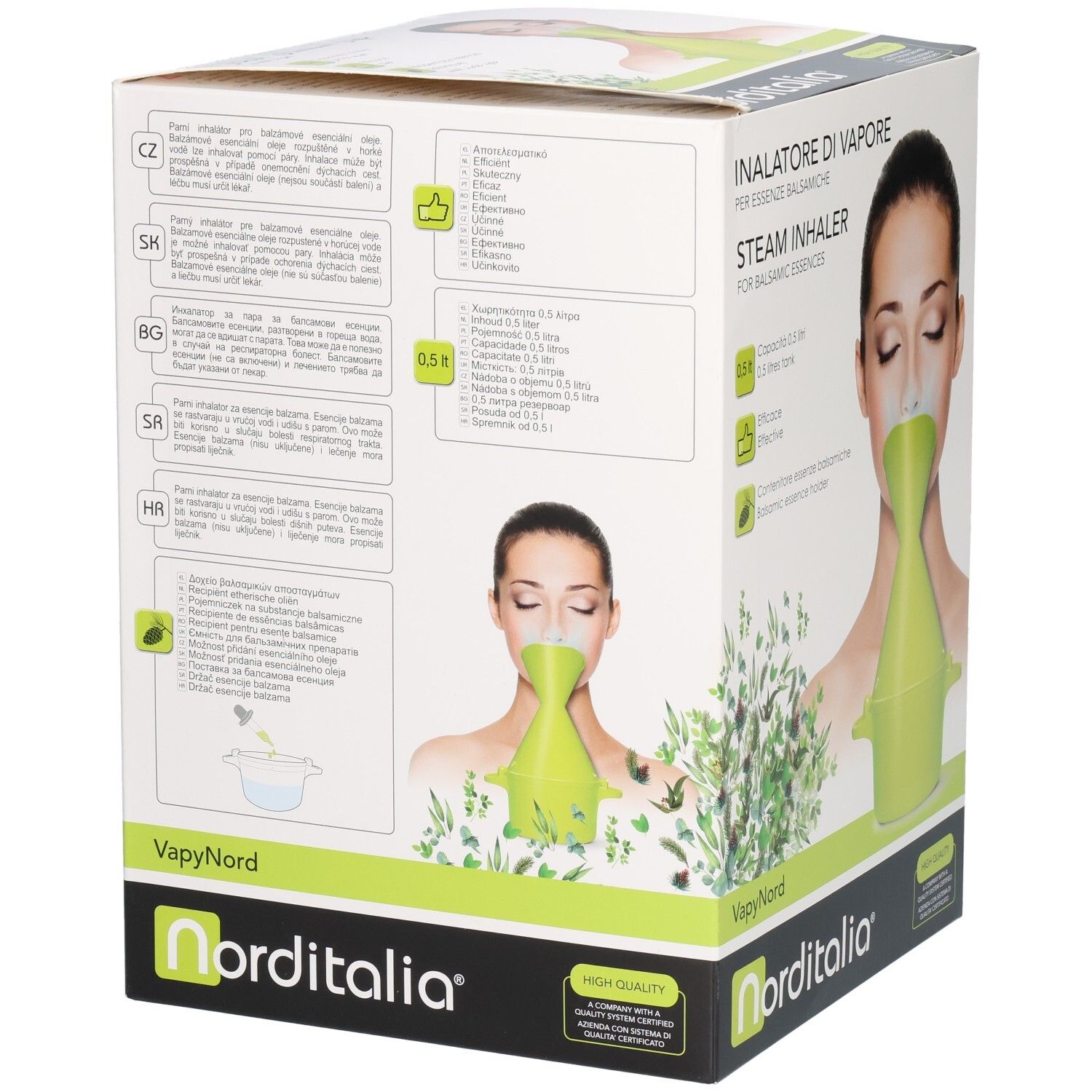 ALPHAMEGA Inhalateur à vapeur pour essences balsamiques, réservoir 0,5L, avec support. Arrière avec instructions.