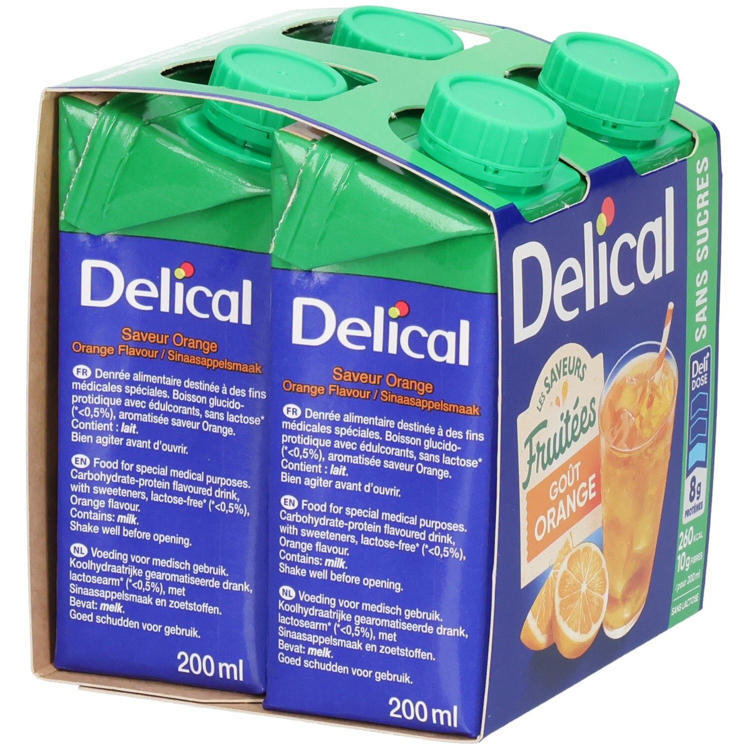 Verpakking van vier Delical Fruitdrink. Sinaasappelsmaak, zonder suiker. Twee drankverpakkingen zichtbaar.