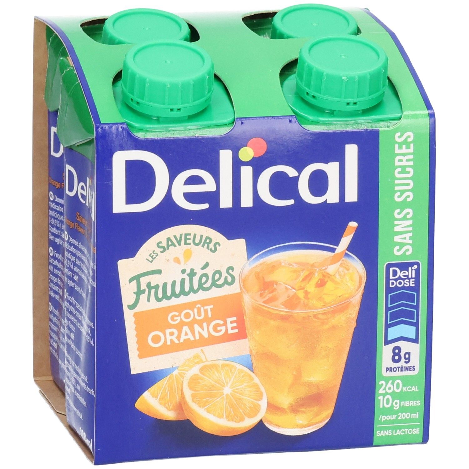 Verpakking van vier Delical Fruitdrink. Sinaasappelsmaak, zonder suiker. Afbeelding van drank met sinaasappelschijfjes.