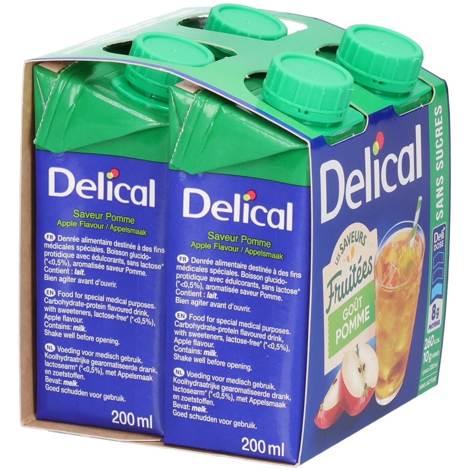Verpakking met twee drankjes. Delical Fruitdrink, appelsmaak, zonder suiker. Groene doppen, blauwe verpakking.