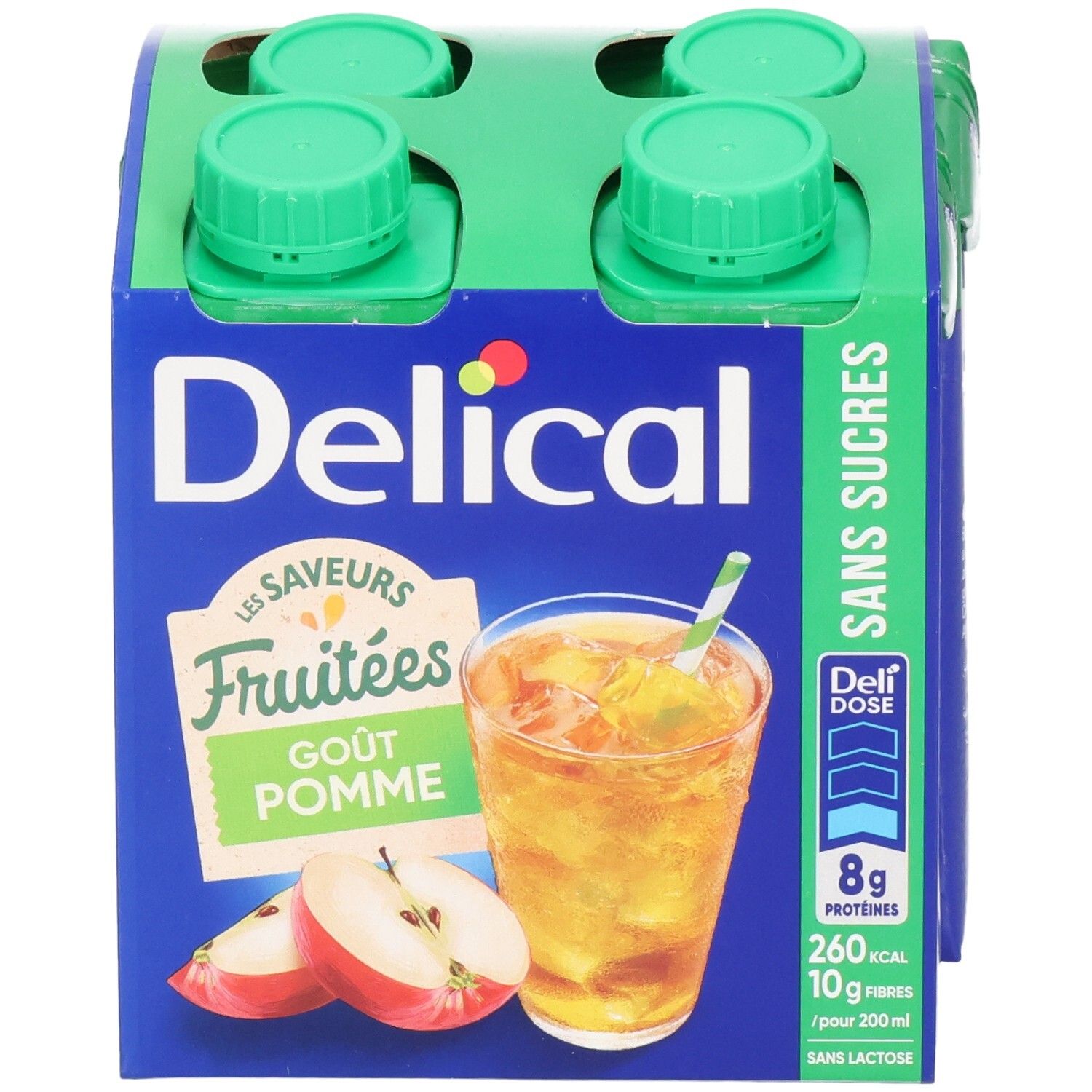 Verpakking met vier drankjes. Delical Fruitdrink, appelsmaak, zonder suiker. Groene doppen, blauwe verpakking.
