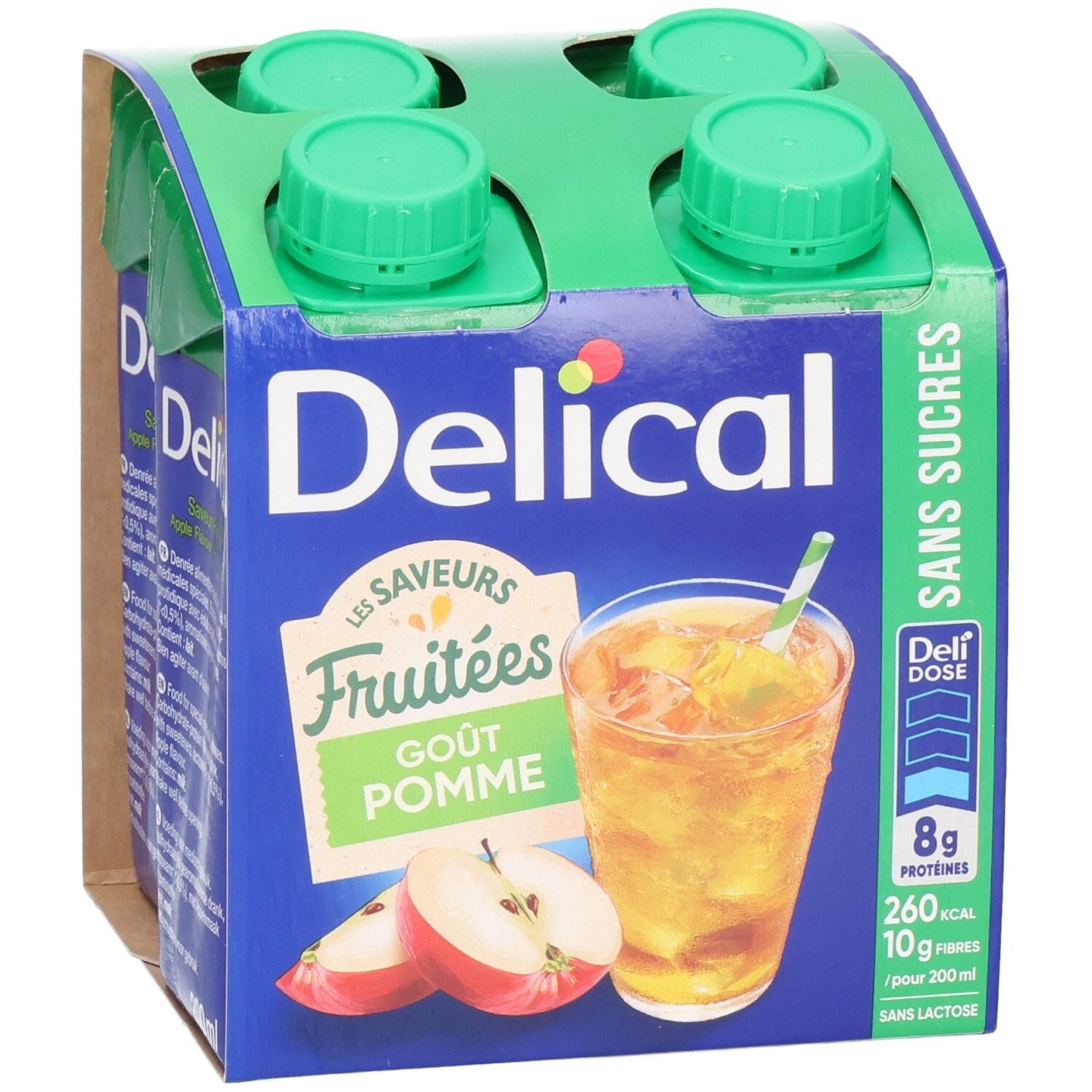 Verpakking met vier drankjes. Delical Fruitdrink, appelsmaak, zonder suiker. Groene doppen, blauwe verpakking.