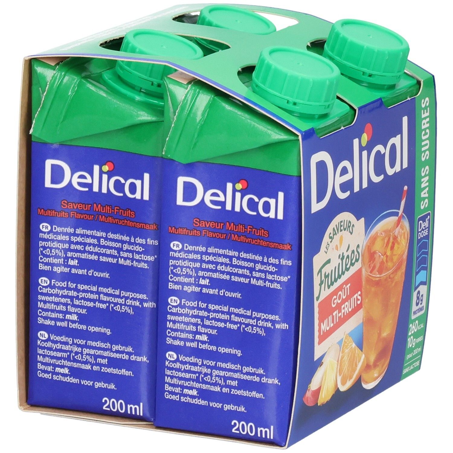 Verpakking van vier drankjes. Blauwe verpakking met groene doppen. Opschriften "Delical" en "Sans Sucres". Tekst in meerdere talen.