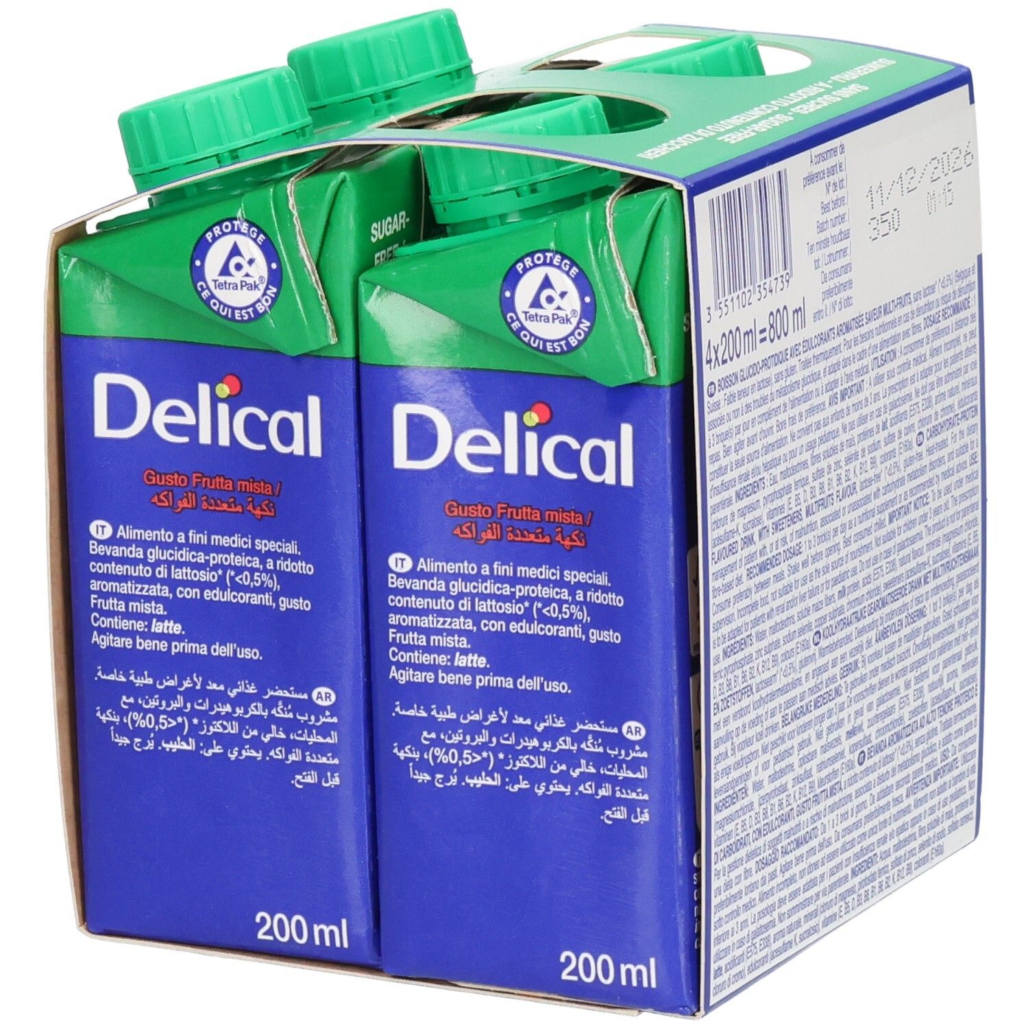 Verpakking van vier drankjes. Blauwe verpakking met groene doppen. Opschriften "Delical" en "Sans Sucres". Tekst in meerdere talen.