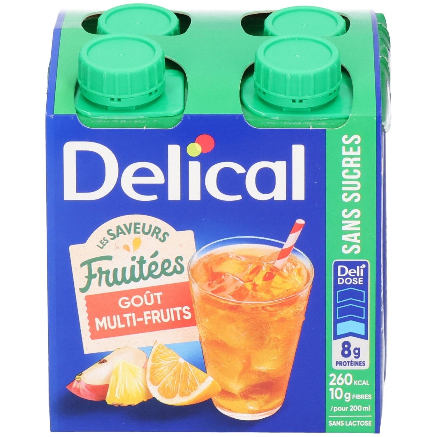 Verpakking van vier drankjes. Blauwe verpakking met groene doppen. Opschriften "Delical" en "Sans Sucres". Illustratie van fruit en drank.