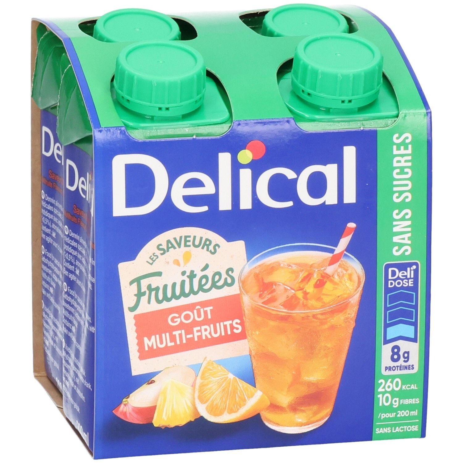 Verpakking van vier drankjes. Blauwe verpakking met groene doppen. Opschriften "Delical" en "Sans Sucres". Illustratie van fruit en drank.