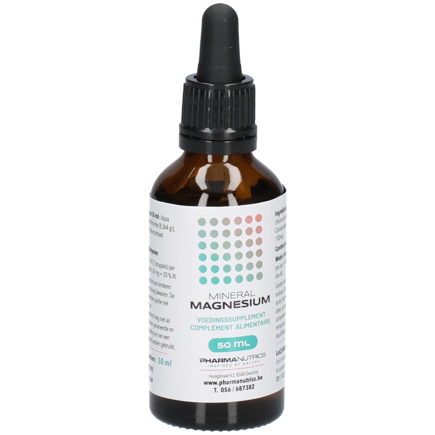 Bruine glazen fles met druppeldop, etiket "MINERAL MAGNESIUM 50 ML".