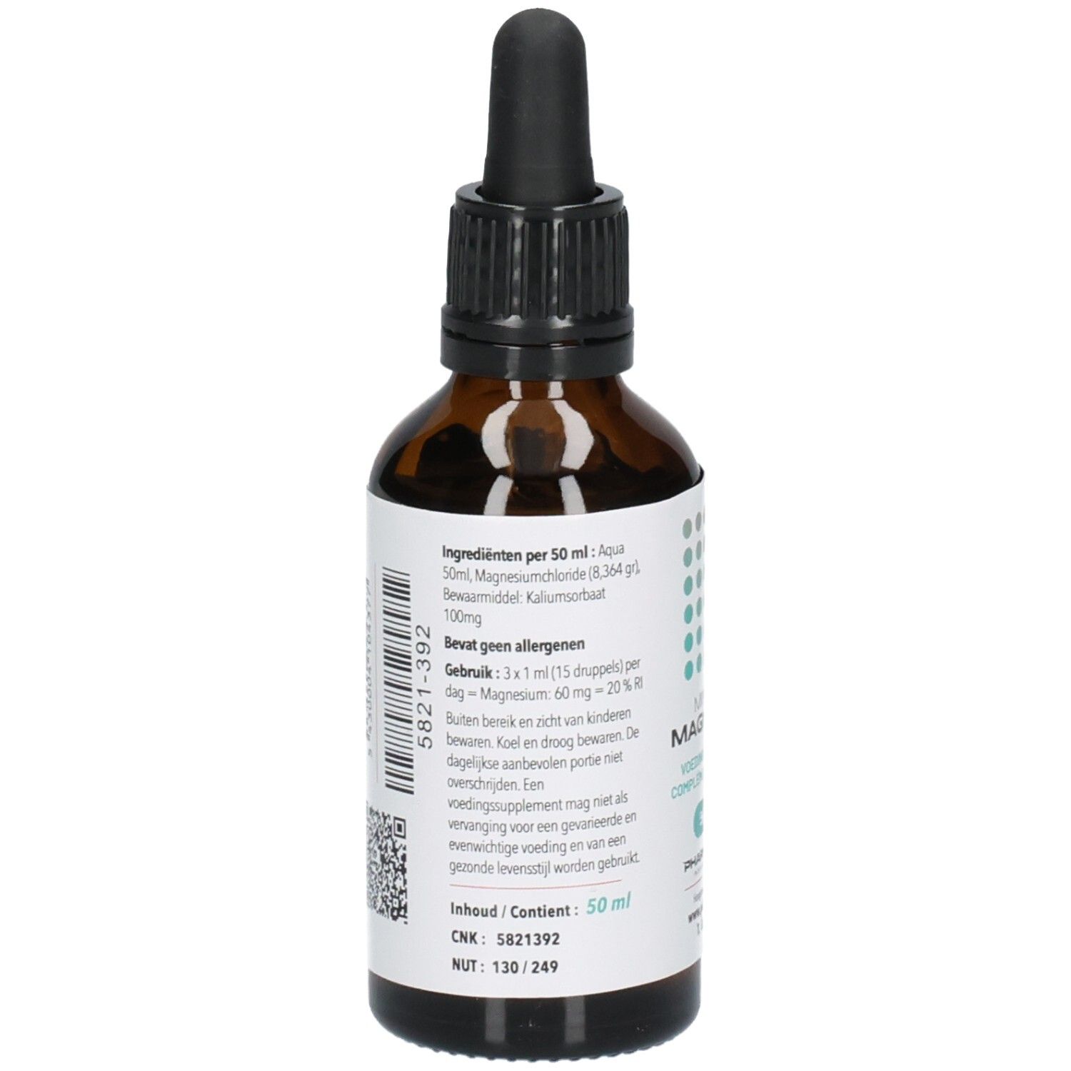 Achterkant van een fles met ingrediëntenlijst en gebruiksaanwijzing voor "MINERAL MAGNESIUM".