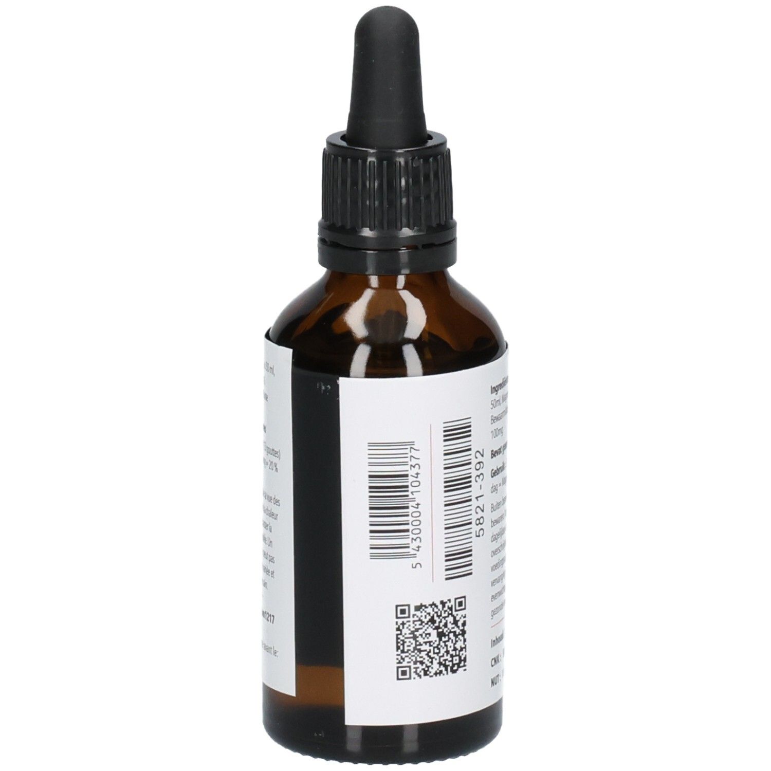 Zijkant van een fles met barcode en QR-code, "MINERAL MAGNESIUM".