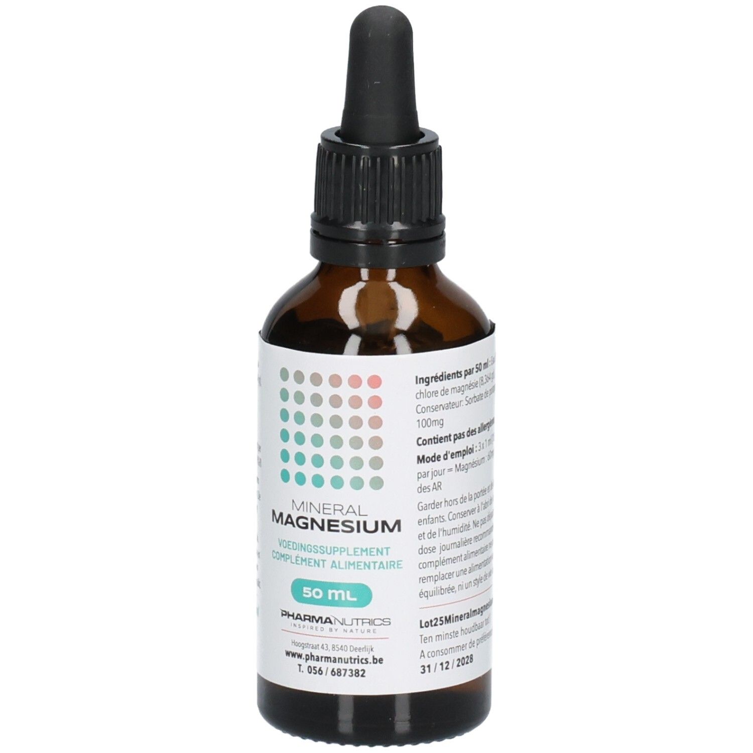 Fles met druppelaar, etiket "MINERAL MAGNESIUM" en gebruiksaanwijzing.