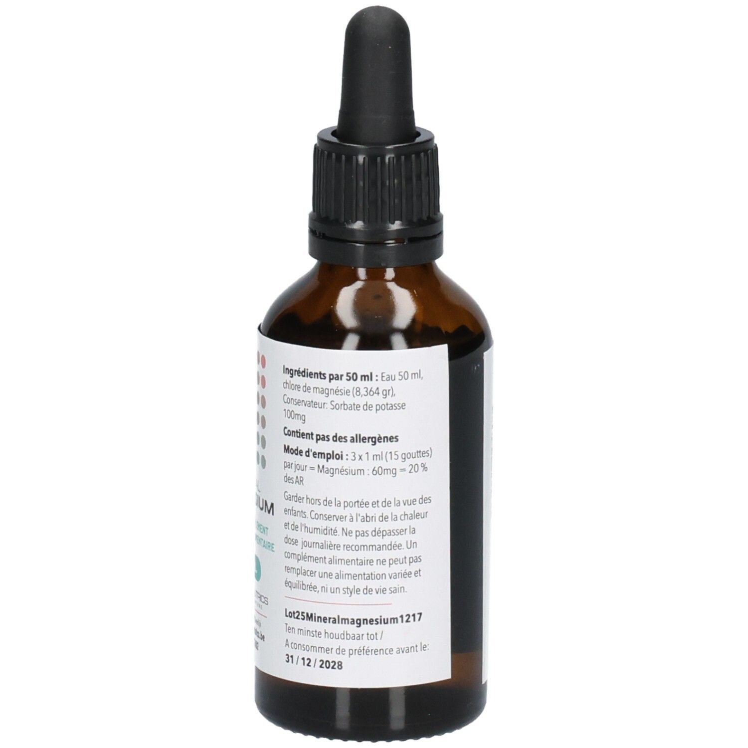 Achterkant van een fles met ingrediënten en gebruiksaanwijzing voor "MINERAL MAGNESIUM".