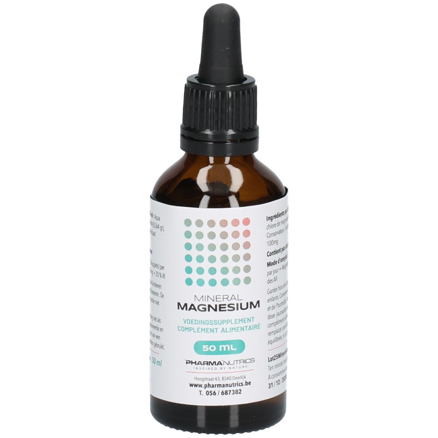 Fles met druppelaar, etiket "MINERAL MAGNESIUM 50 ML" en informatie fabrikant.