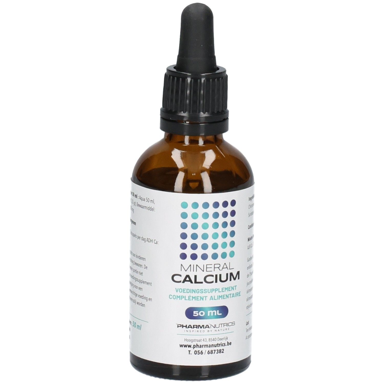 Bruine glazen fles met druppelaar, etiket met blauwe stippen en tekst 'MINERAL CALCIUM'.