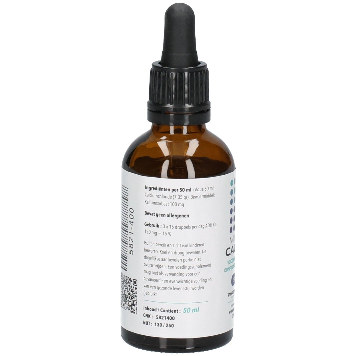 Achterkant van een fles met ingrediëntenlijst en gebruiksaanwijzing voor MINERAL CALCIUM.