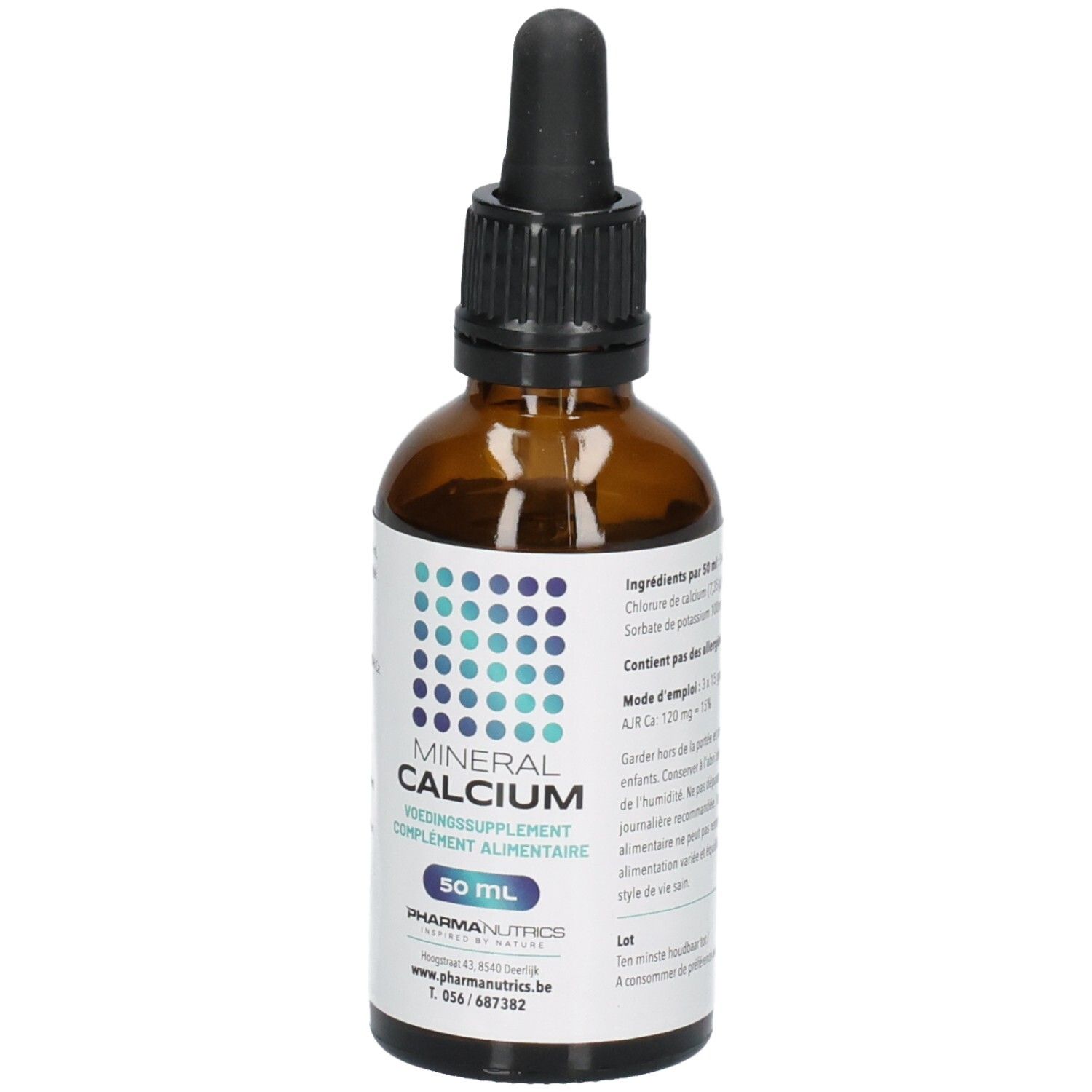 Fles met druppelaar, etiket met blauwe stippen, tekst 'MINERAL CALCIUM' en '50 ML'.