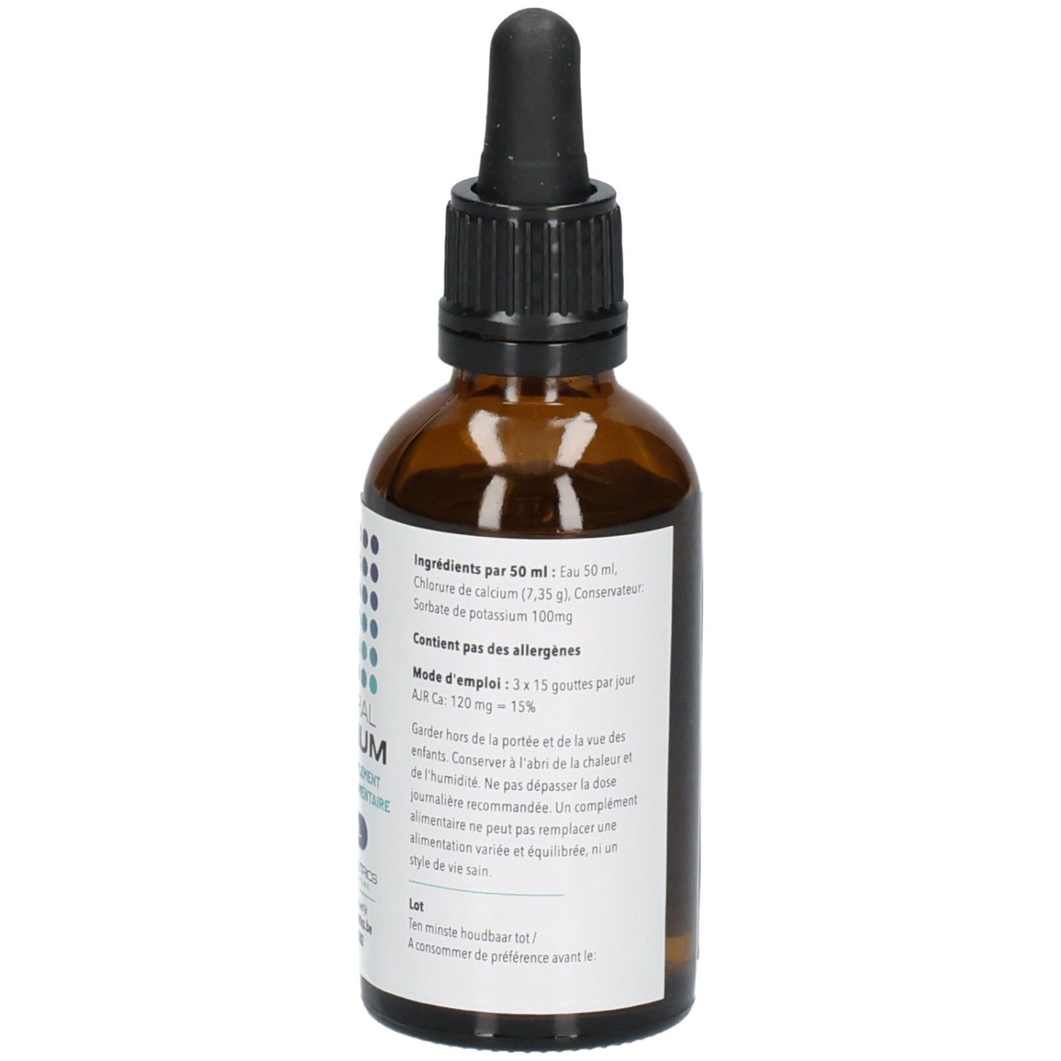 Achterkant van een fles met ingrediënten en gebruiksaanwijzing voor MINERAL CALCIUM.