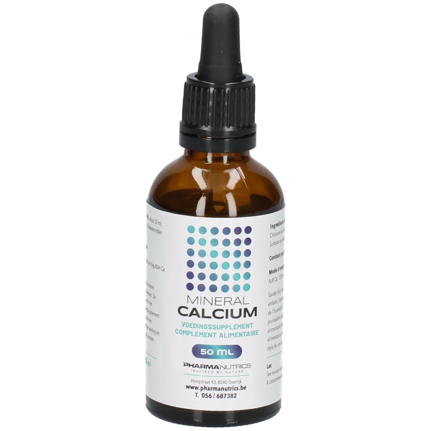 Bruine glazen fles met druppelaar, etiket met blauwe stippen, 'MINERAL CALCIUM' en '50 ML'.