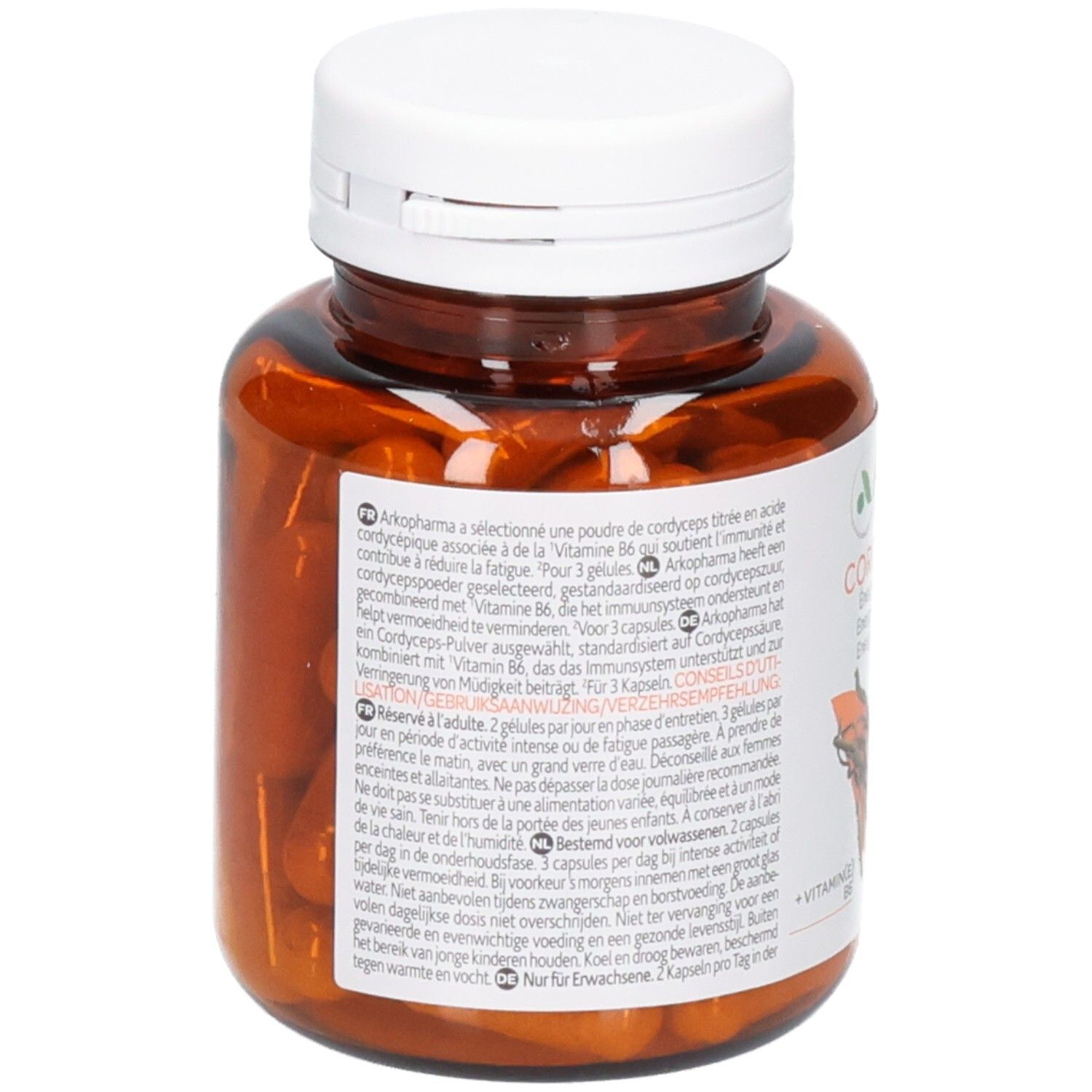 Arrière d'un pot de pilules Arkogélules Cordyceps, informations sur les ingrédients et l'utilisation.