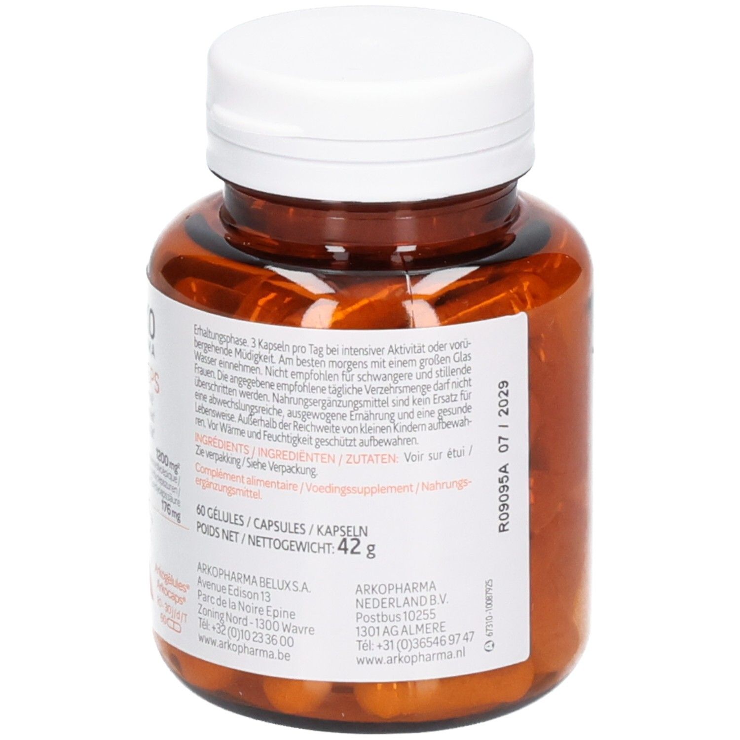 Arrière d'un pot de pilules Arkogélules Cordyceps, poids net 42g, 60 gélules.