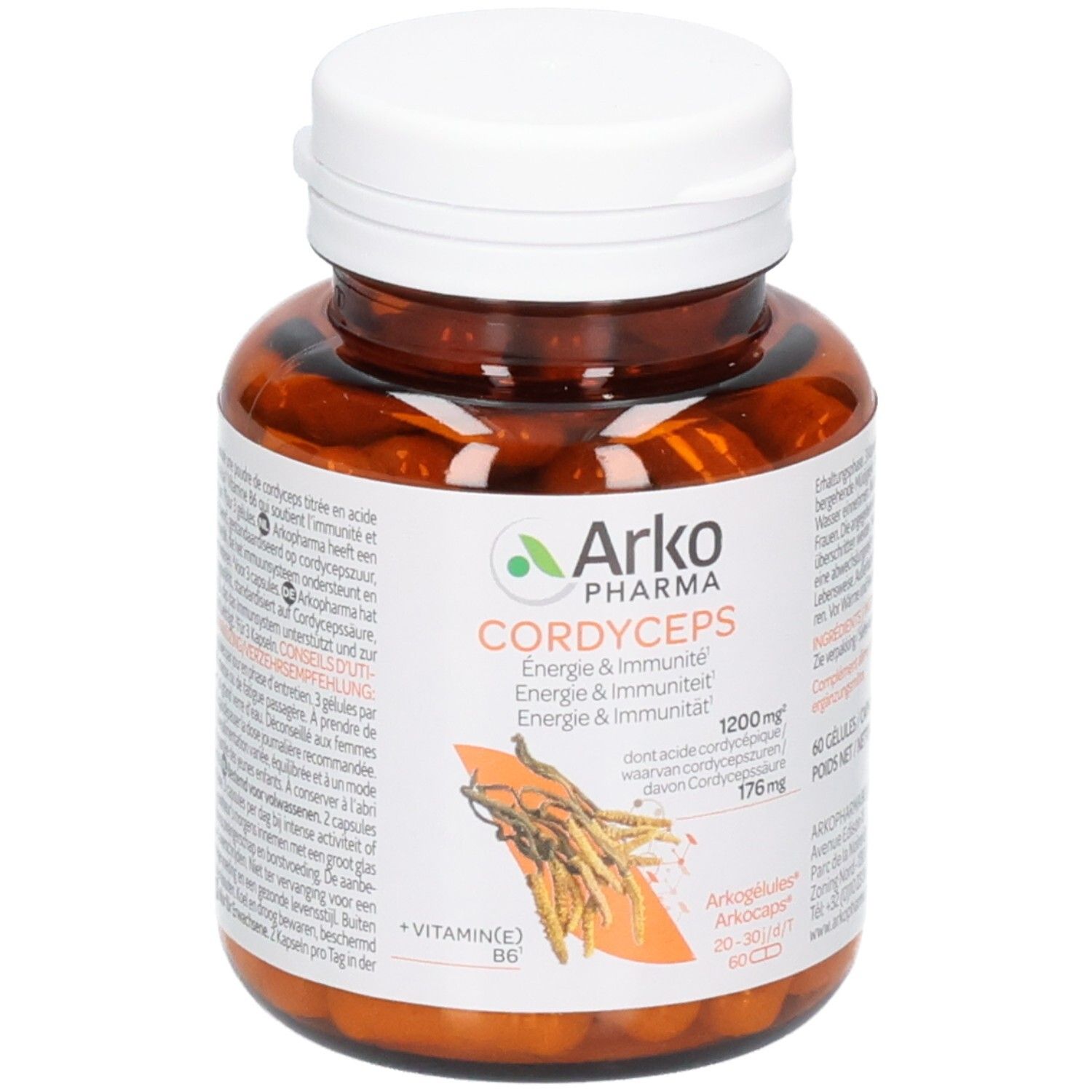 Pot brun avec bouchon blanc, Arkogélules Cordyceps, 60 gélules, Énergie & Immunité.