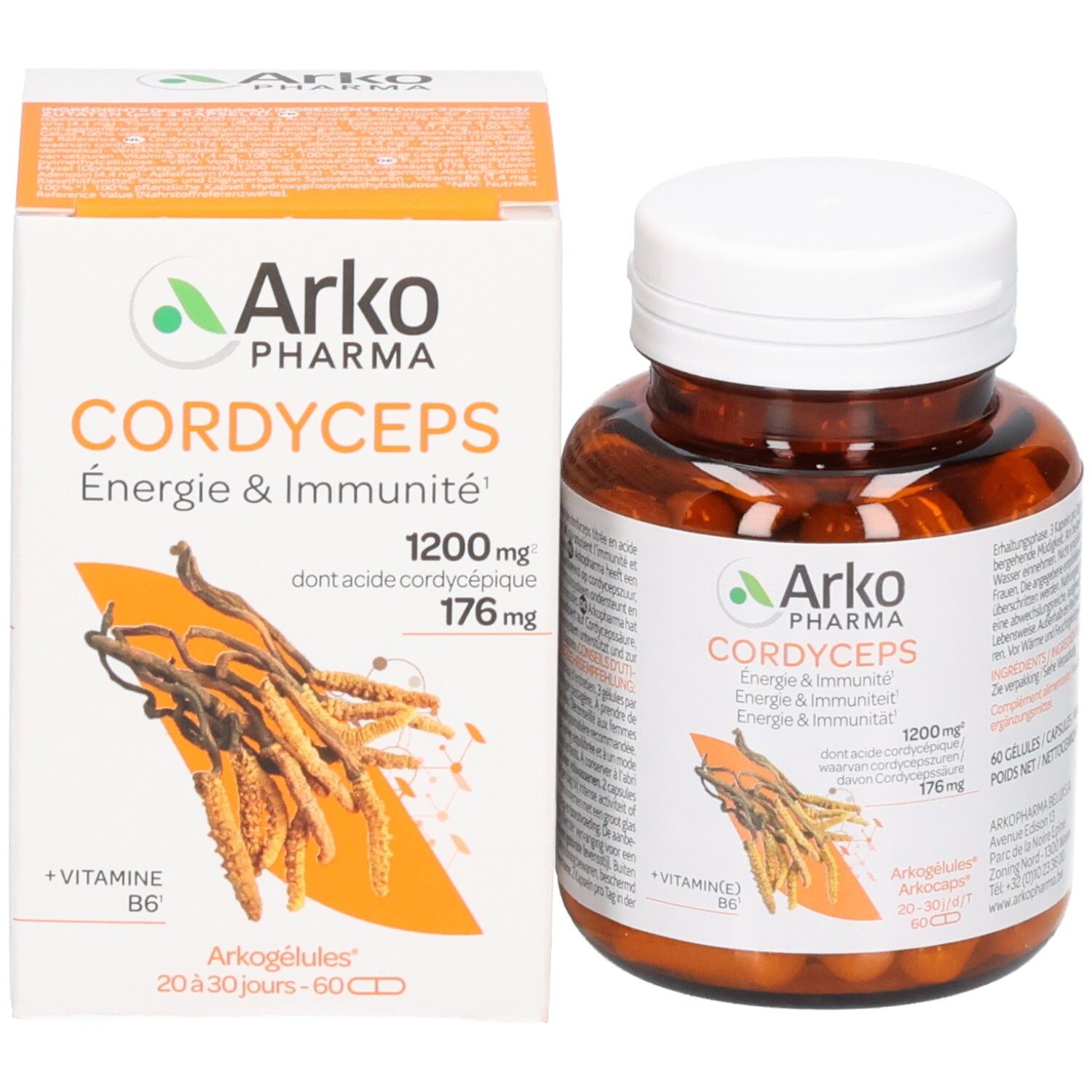 Pot et boîte de pilules Arkogélules Cordyceps, 60 gélules.