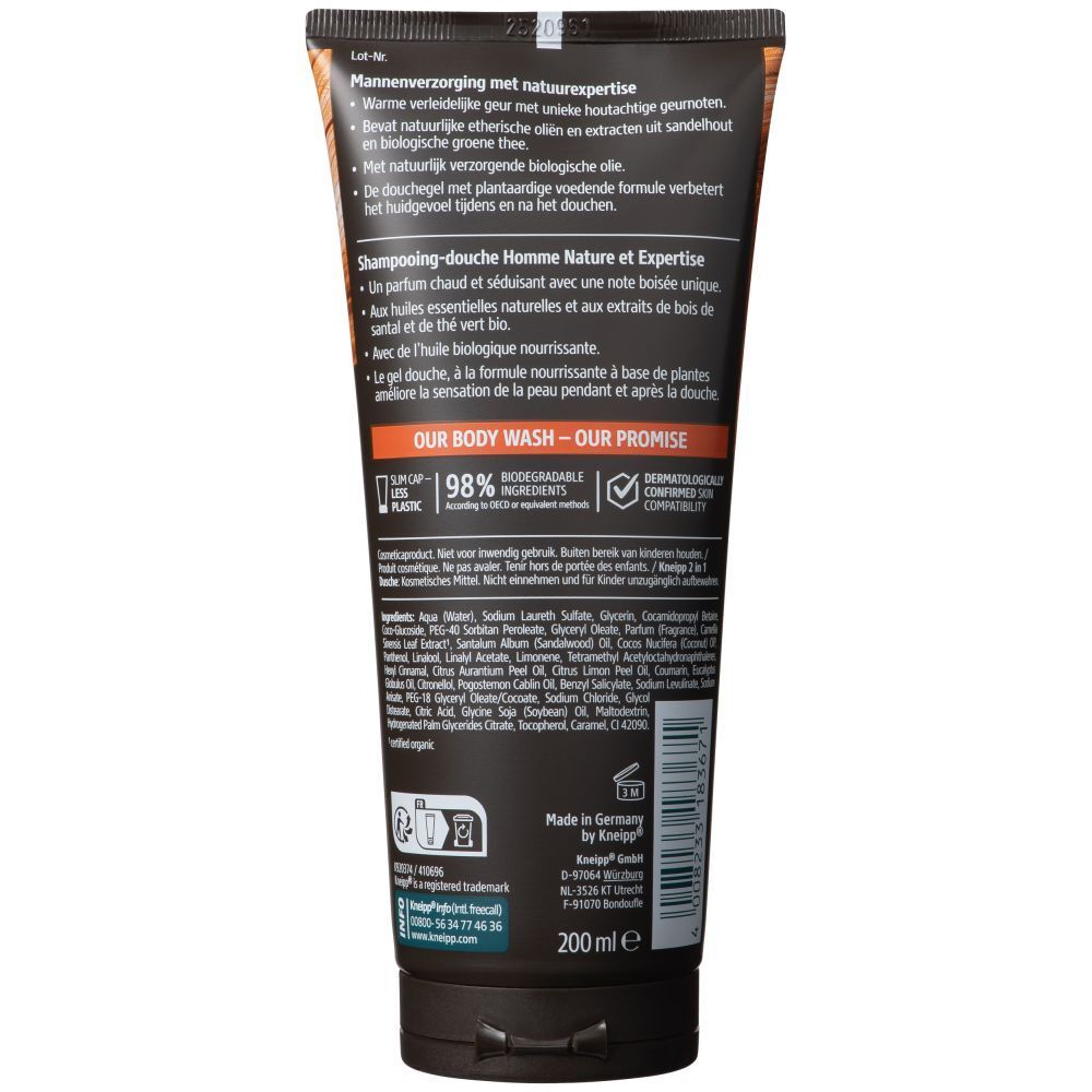 Dos de la bouteille Kneipp Men Douche 2-en-1 Wild Power avec ingrédients et instructions.