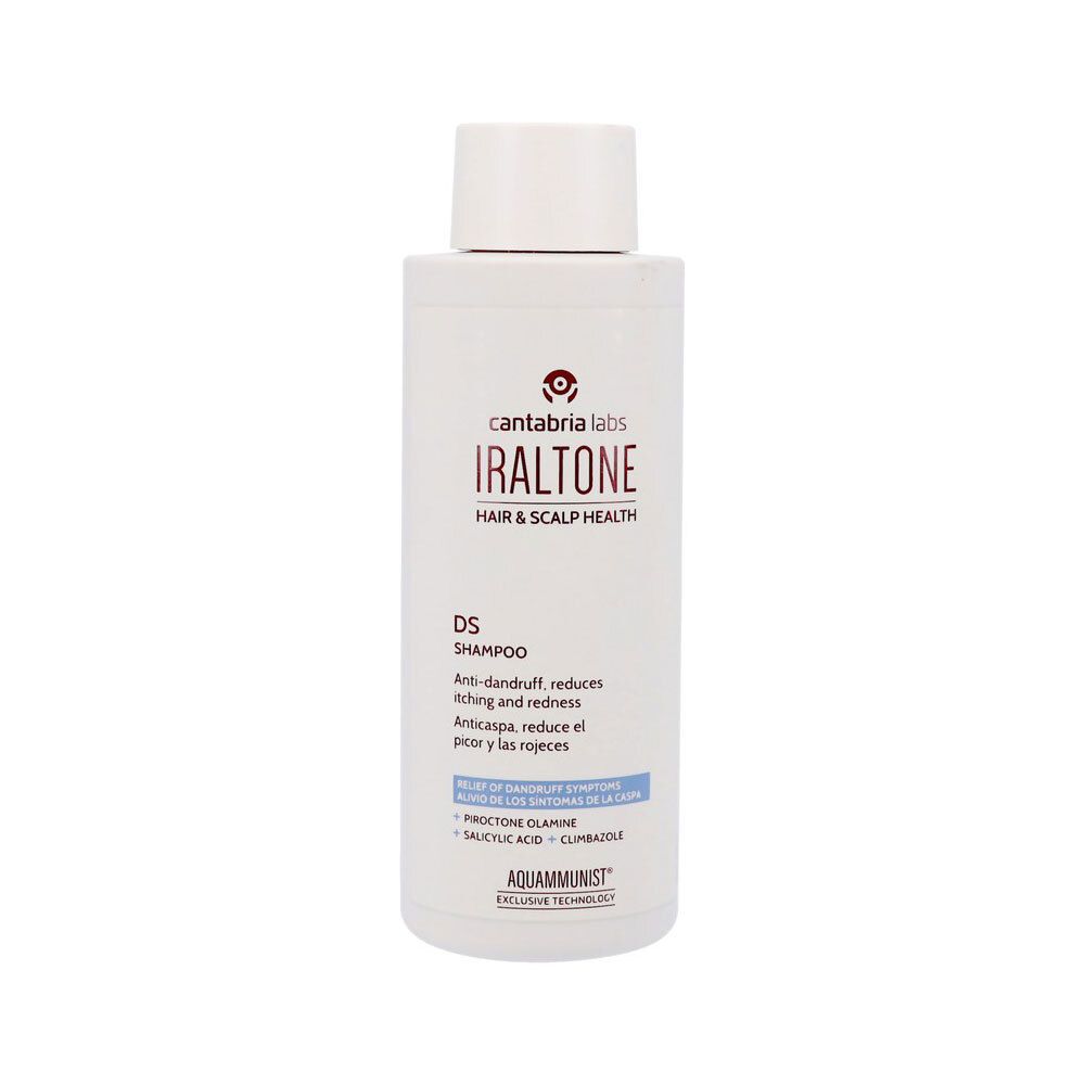 Witte fles Iraltone DS Shampoo voor haar- en hoofdhuidgezondheid. Anti-roos formule.