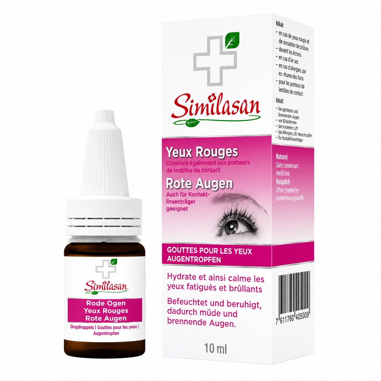 Similasan Rode Ogen Oogdruppels en verpakking. 10ml. Met afbeelding van een oog.