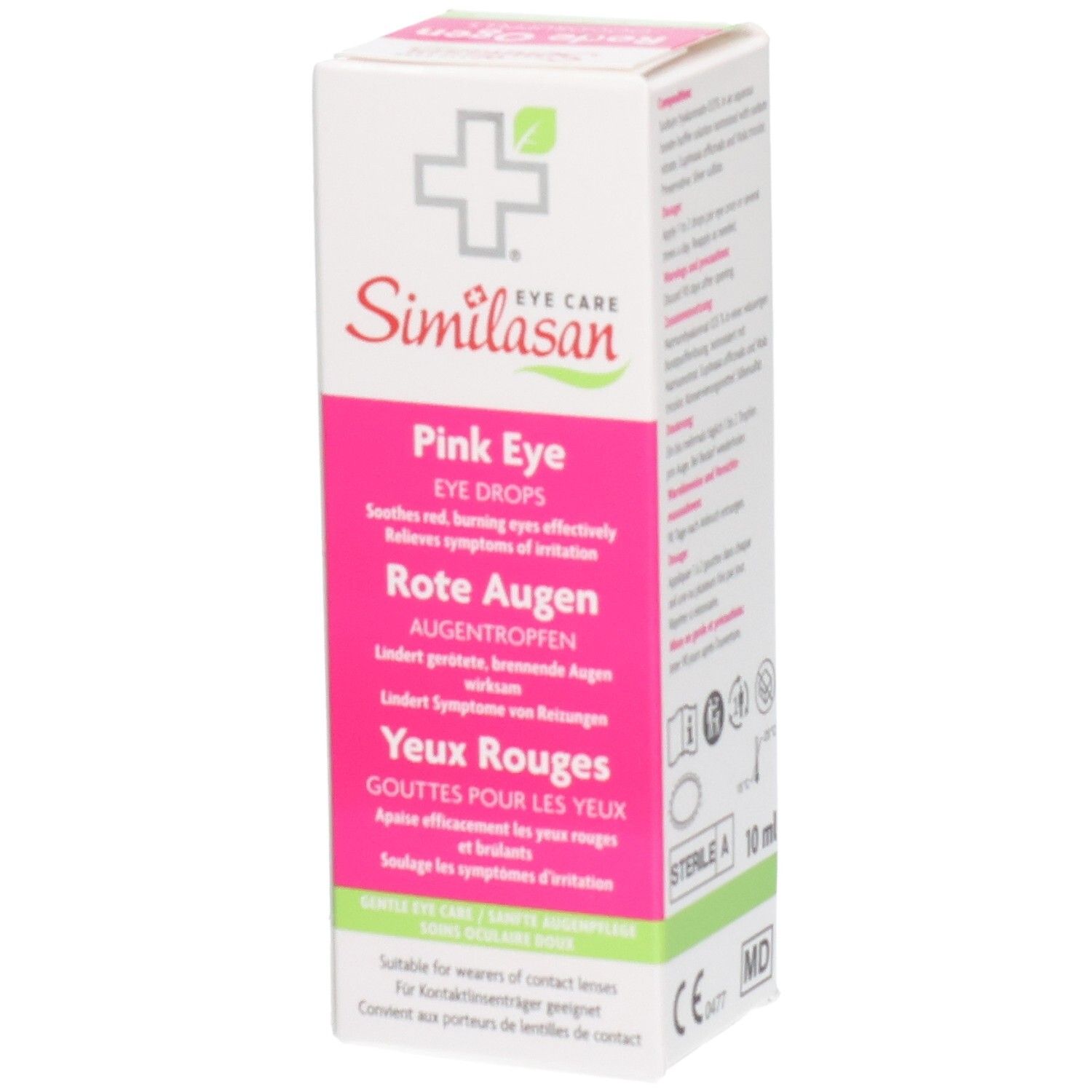 Similasan Rode Ogen Oogdruppels verpakking. Bevat 10ml. CE- en MD-markering.