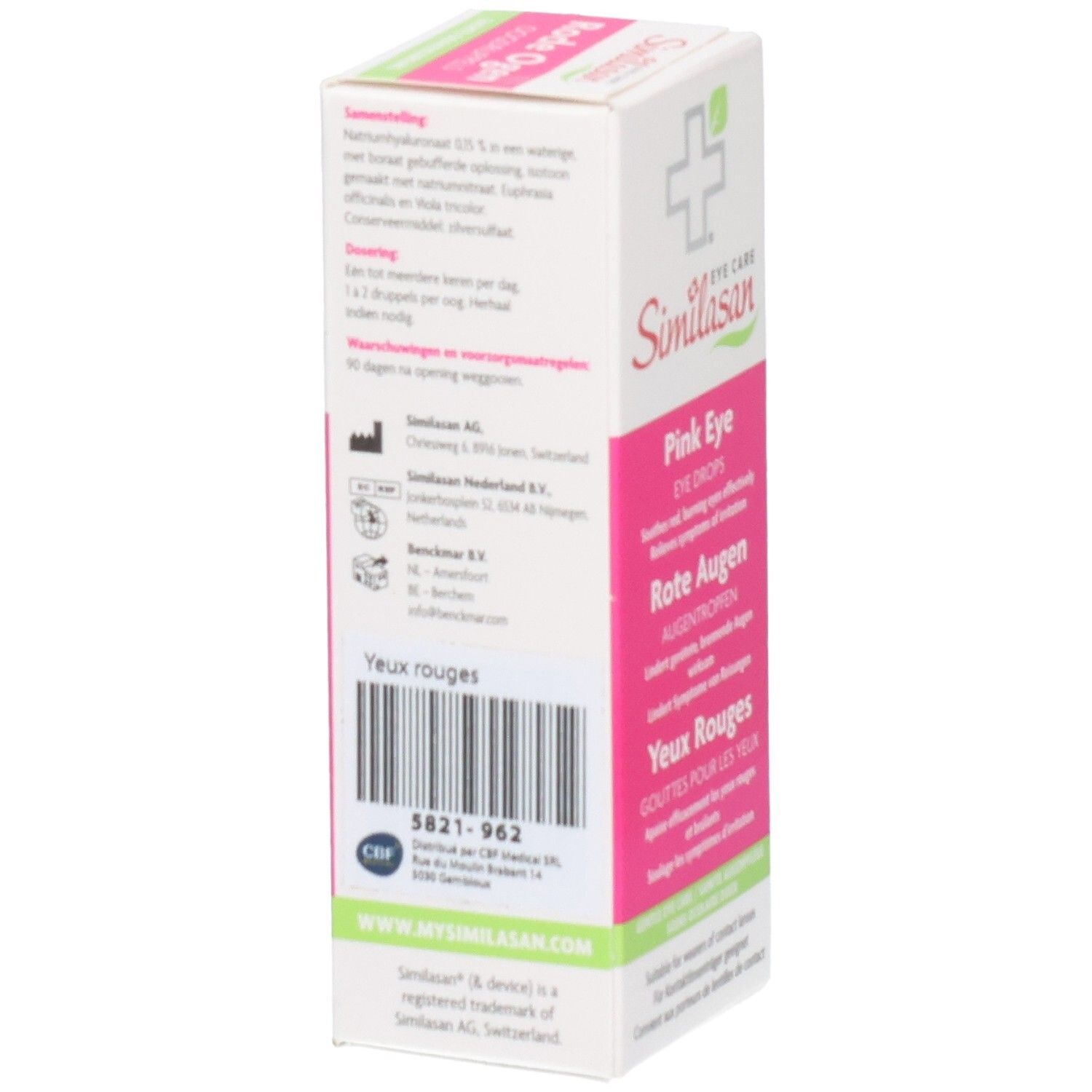 Achterkant van de Similasan Rode Ogen verpakking met barcode en productinformatie.
