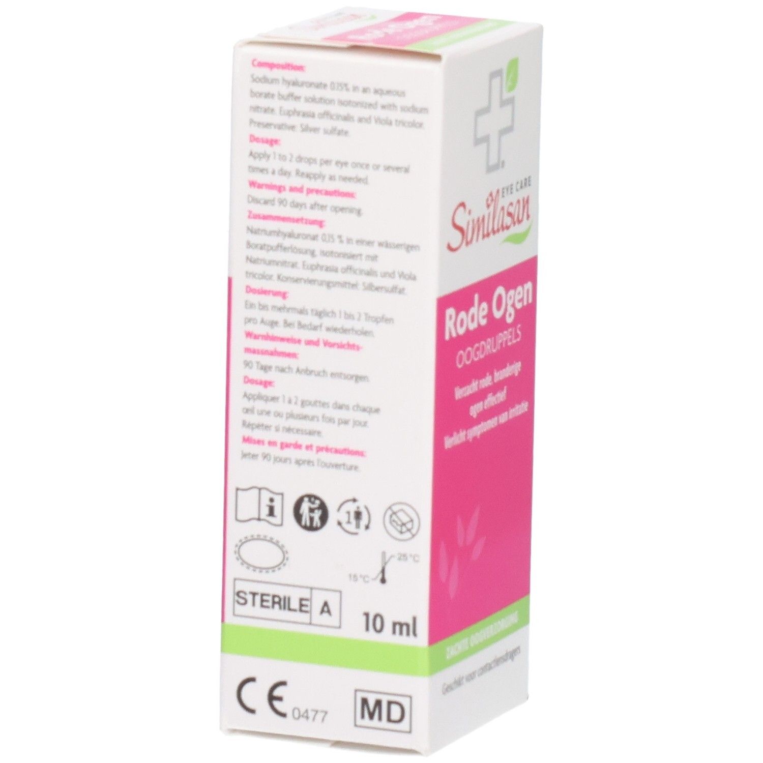 Similasan Rode Ogen verpakking met gebruiksinstructies en CE-markering. 10ml.