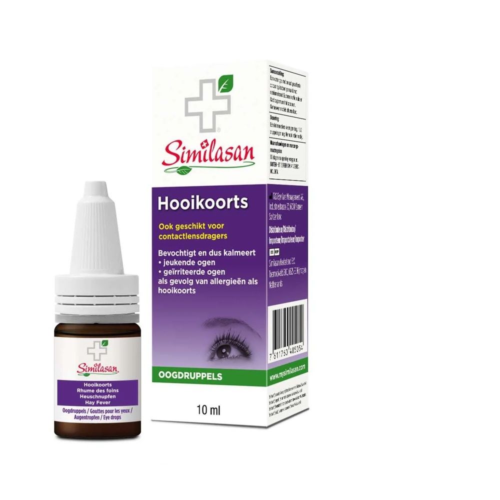 Similasan Hooikoorts oogdruppels en verpakking, 10ml.