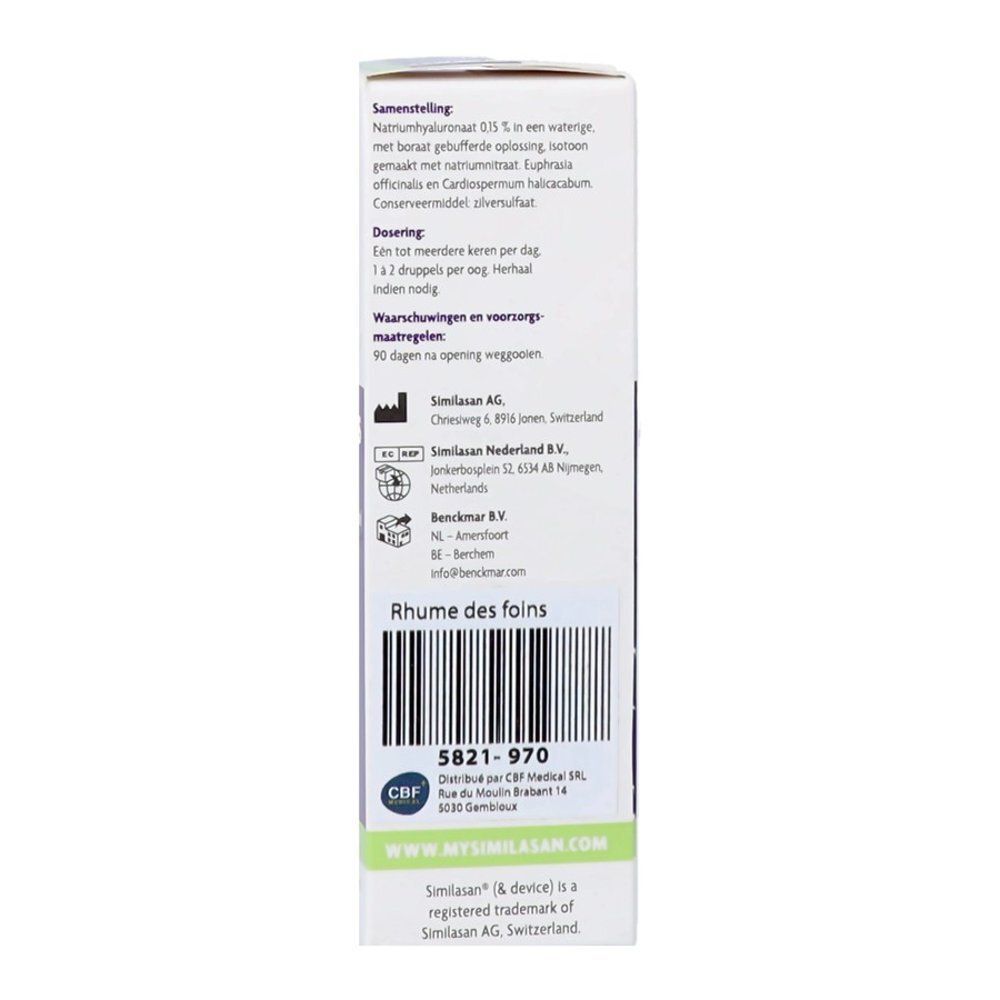 Similasan Hooikoorts oogdruppels verpakking met samenstelling en dosering, 10ml.