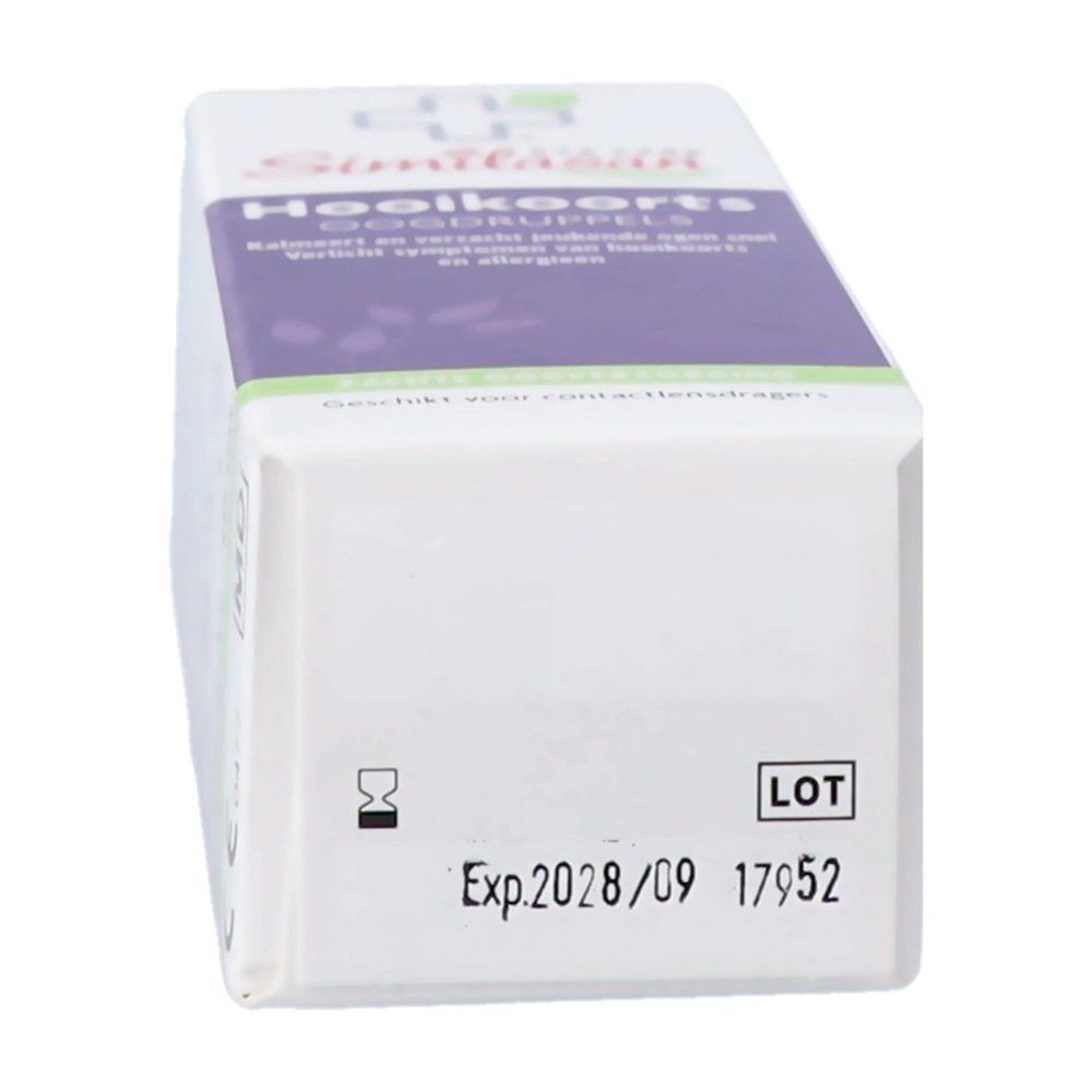 Similasan Hooikoorts oogdruppels verpakking met lotnummer en vervaldatum, 10ml.