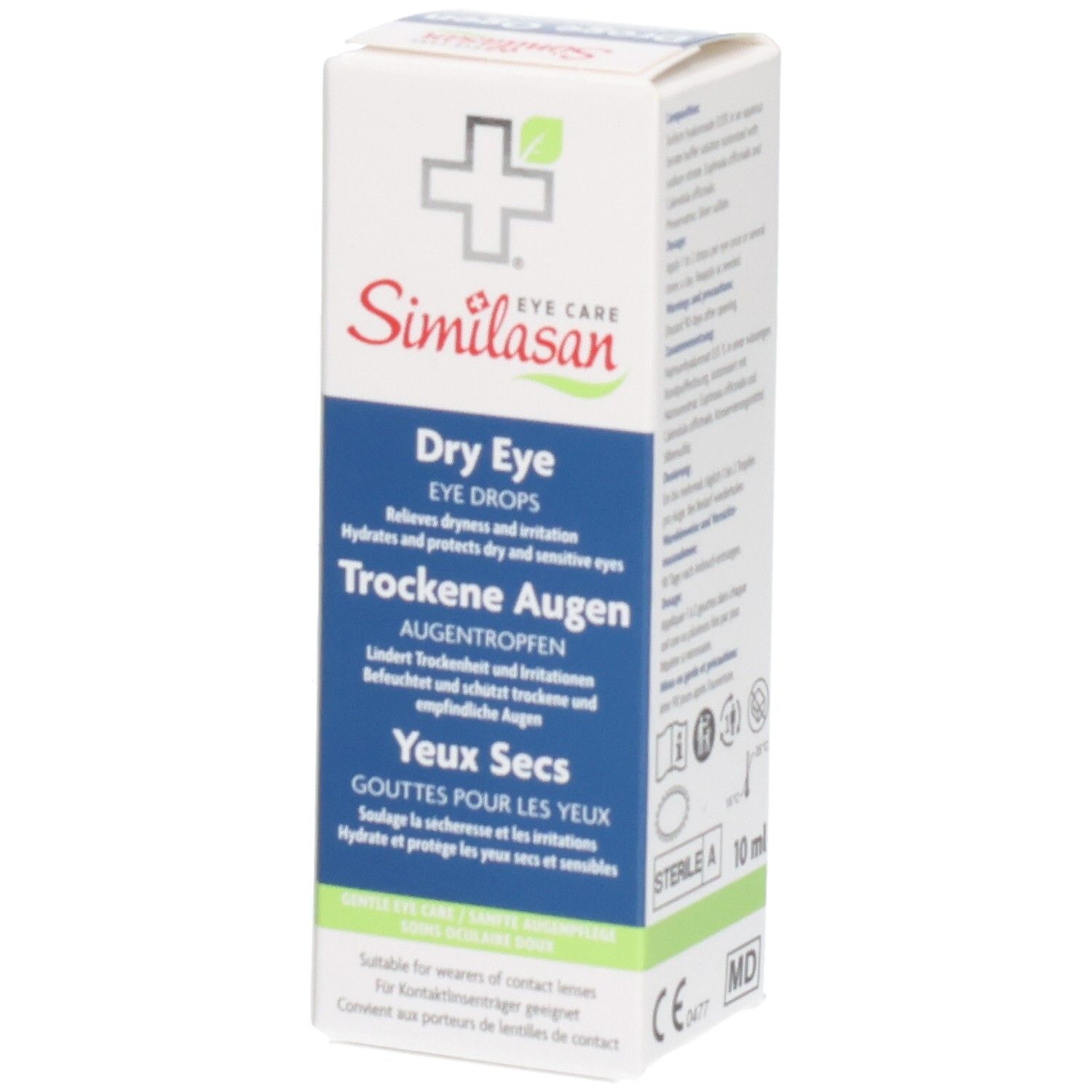 Similasan Droge Ogen Oogdruppels verpakking. 10ml flesje en doosje. CE en MD certificeringen zichtbaar.