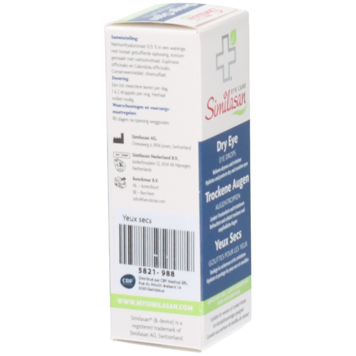 Achterkant van de Similasan Droge Ogen Oogdruppels verpakking met barcode en gebruiksaanwijzing.