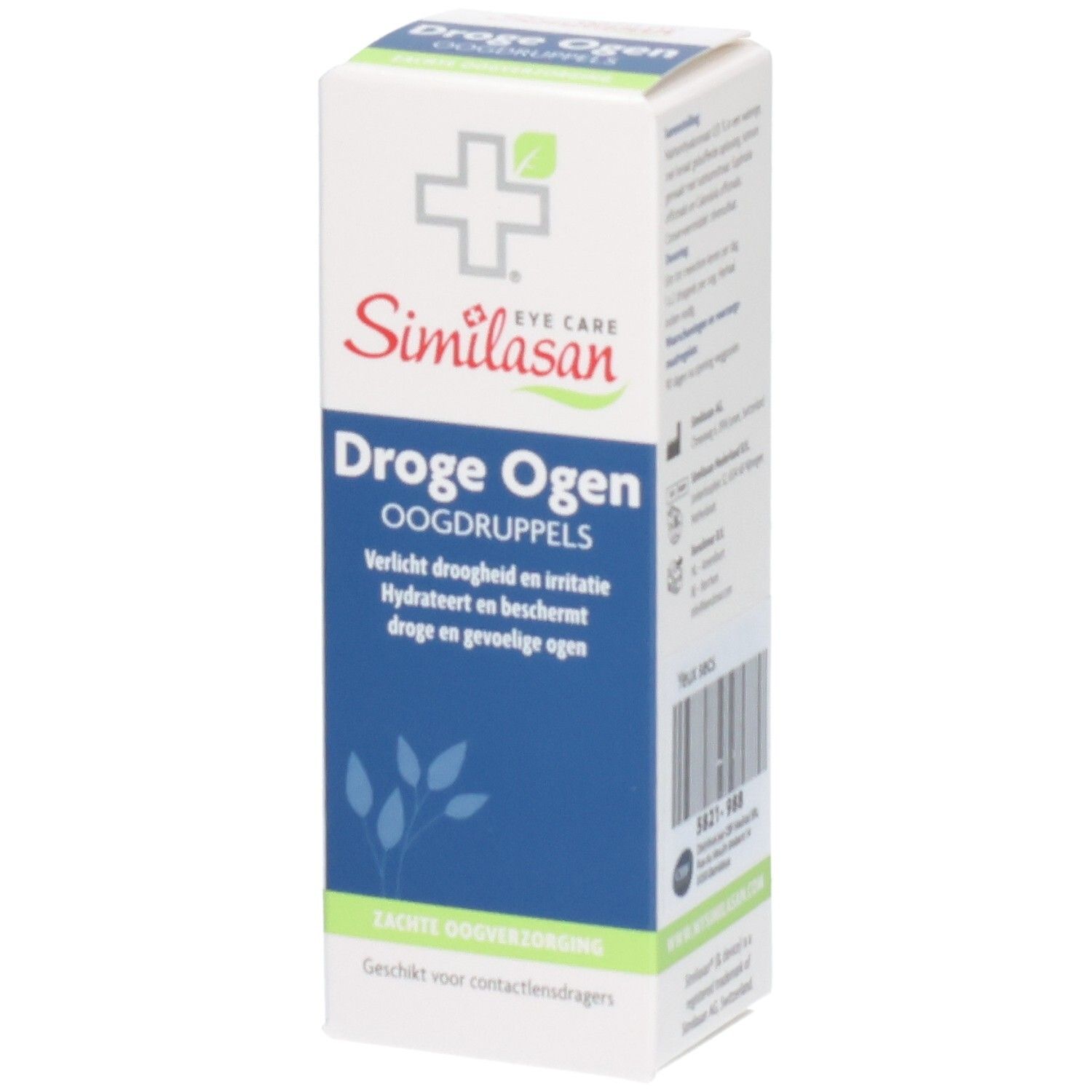 Similasan Droge Ogen Oogdruppels verpakking. Doosje met Nederlandse tekst. CE en MD certificeringen zichtbaar.