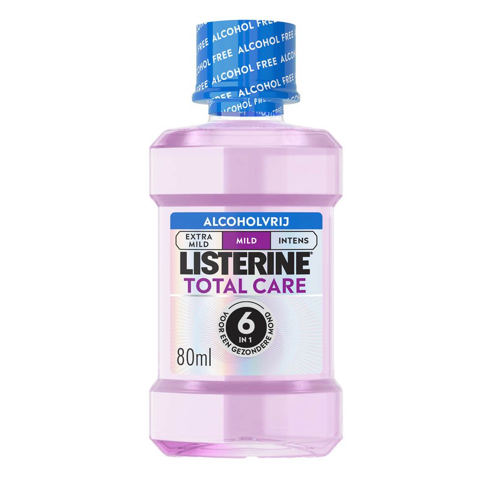 Fles LISTERINE Total Care mondspoeling, 80ml, alcoholvrij, Nederlandse etikettering.