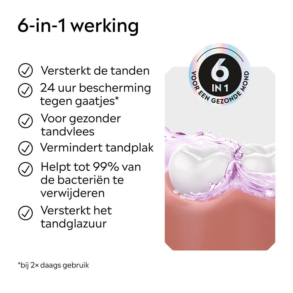 Fles LISTERINE Total Care mondspoeling met weergave van 6-in-1 werking.