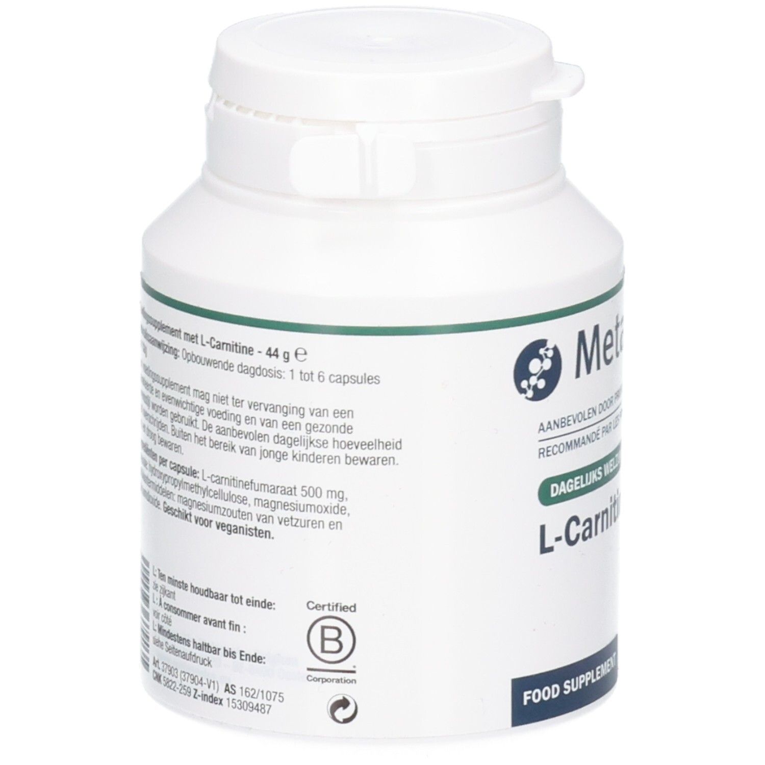 Achterkant van een Metagenics L-Carnitine fles met productinformatie en certificeringen.
